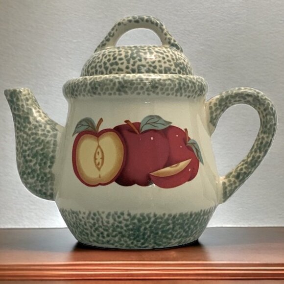 Vintage Teapot Stoneware Apple Motif Tender Hearts Treasures Primitive Farmhouse - Picture 1 of 16